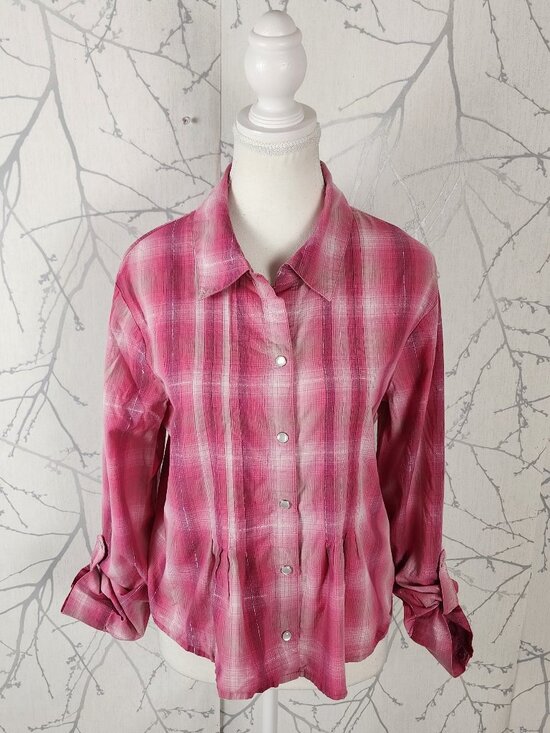 Style & Co. Tops - Style & Co Pink Plaid Metallic Cotton Pearl Snap Western Blouse